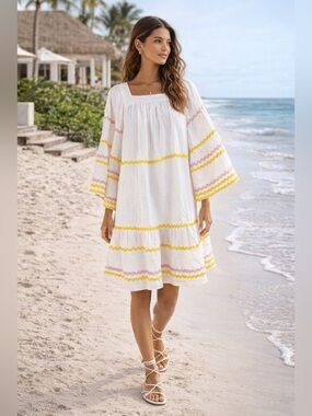 NWT Lisa Marie Fernandez White Linen Trapeze Midi Dress Boho Flowy Summer Beach